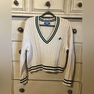 Prince Pickleball cable knit v-neck sweater in cream with green trim. Women’s L